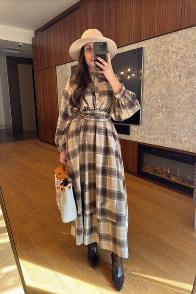 MAGARDE فستان قميص منقوش - بني