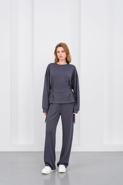 Basicpark Smoked Women's Soft Textured Premium Modal Turtleneck Asymmetric Cut Bottom-Top Set