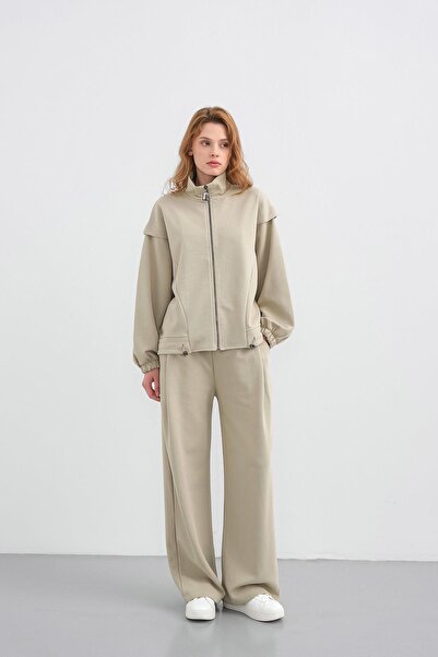 Basicpark Haki Women's Pique Textured Waist Adjustable Zipper Detailed Wide Leg Top and Bottom Set