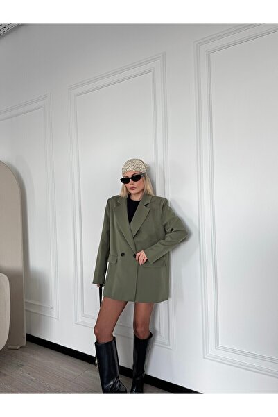 solena sln Women's Polyviscon Double Buttoned Shoulder Pad Pack Oversized Blazer Jacket