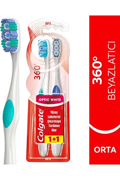Colgate 360 Optik Beyaz Dil ve Yanak Temizleyicili Orta Diş Fırçası 1+1