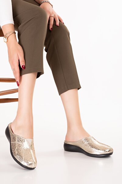 Gondol Women's Genuine Leather Comfortable Wedge Heeled Sabo Home Slippers Özl.323 Dore