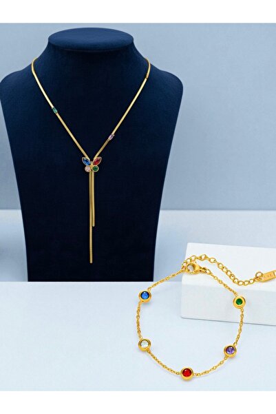 NEW STYLE Stainless steel accessory set with colored stones, necklace size 47 + 5 cm and bracelet size 16 + 5 cm, comes in a suitable gift box.