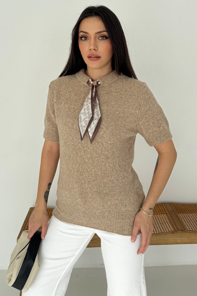 Noa Noa Women's Short Sleeve Scarf Detailed Knitwear Sweater – Soft Elegance