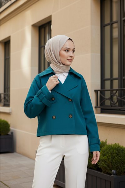 Zeneva Collection Verde smarald, 100% bumbac, căptușit cu gabardină, croială largă supradimensionată, trenci scurt pentru femei 1122-TES