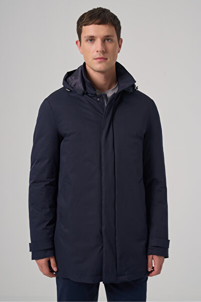 Morven Men's Navy Blue Trendy Hooded Collar Long Coat