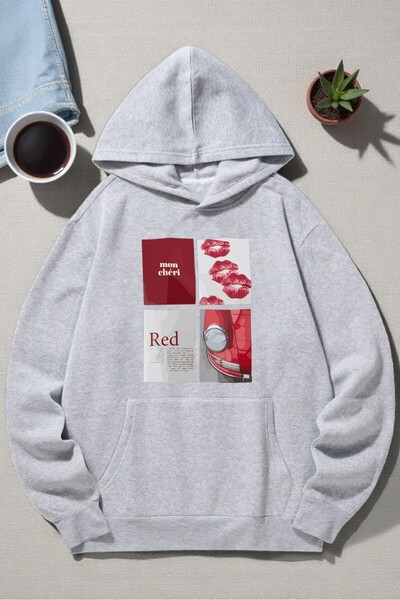 uyguntarz Unisex Red Mon Cheri Printed Hooded Sweatshirt