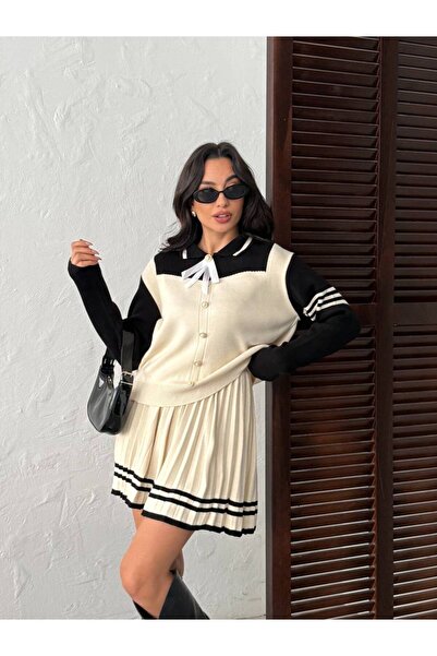 alenmoda Gold Buttoned Polo Neck Ribbon Detailed Knitwear Bottom-Top Set