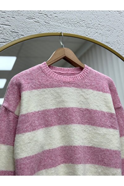 MİHRA STORE Fhiona Thick Striped Bearded Sweater-Zi̇7029 Pink