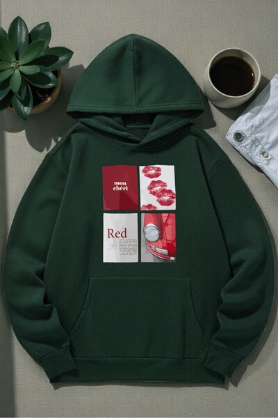 uyguntarz Unisex Red Mon Cheri Printed Hooded Sweatshirt