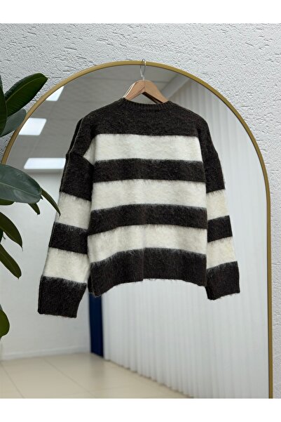 MİHRA STORE Fhiona Thick Striped Bearded Sweater-Zi̇7029 Brown