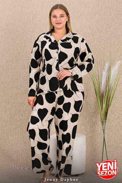 Jenny Daphne Warm Non-Sweaty Belmando Viscose Fabric Buttoned Top Plus Size Pajama Set