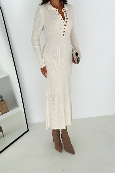 Noi Belis Maxi Boy Half Placket Button Detailed Knitwear Dress Aw25El0022