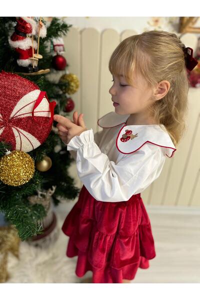 YİGİT BUTİK Girl's Suit with Velvet Skirt and Poplin Fabric Shirt