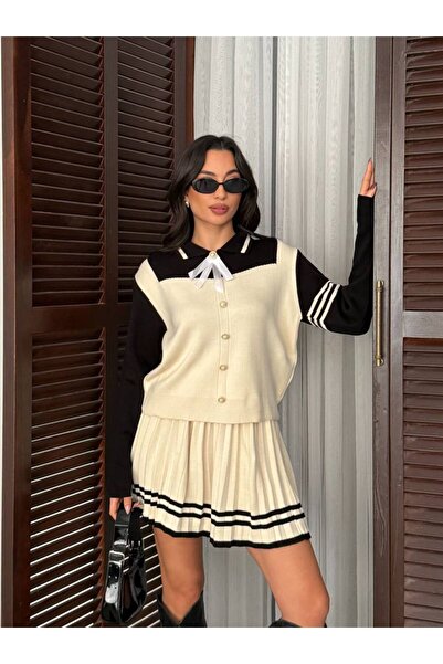 alenmoda Gold Buttoned Polo Neck Ribbon Detailed Knitwear Bottom-Top Set