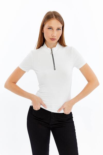 Maison La Femme Women's short sleeve half zip Slim Fit t-shirt