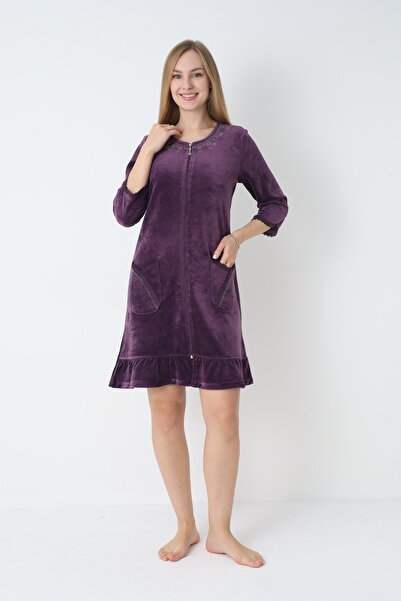ROMEO LİFE Women's Cotton Velvet Zippered Winter Dress 3719