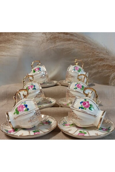 BY.RAYKA PORSELEN El Dekor Florina Pervi̇z Porcelain Hand Painted Coffee Cup Set