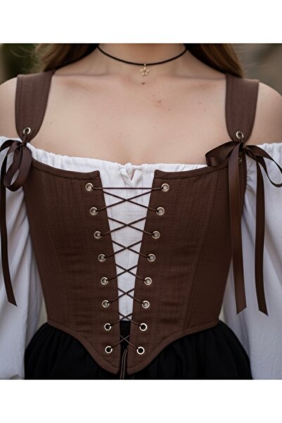 SARA Clothessy Kahverengi Vintage Bağcıklı Korse Büstiyer