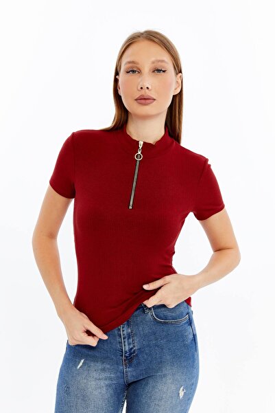 Maison La Femme Women's short sleeve half zip Slim Fit t-shirt