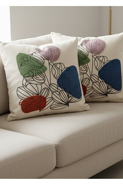 Destiva Home Buldan İşi R Color Block Punch Embroidered Abstract Floral Patterned 2 Piece Throw Pillow Cover (42X42 cm)