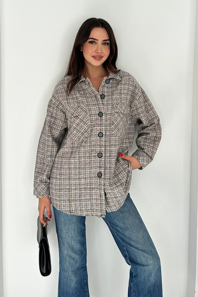 AsprinFashion قميص كاروهات بجيب مزدوج كريمي اللون