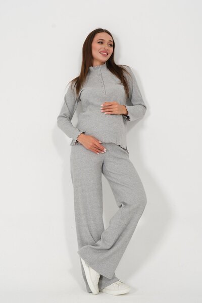BUSA Maternity Lapel Buttoned High Waist Corded Fabric Two-Piece Suit Gray