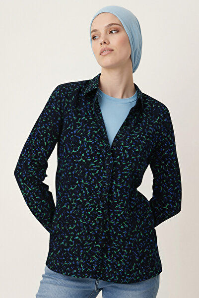 armonika Women's Green-Blue Patterned Long Sleeve Hijab Shirt Arm-26K001070