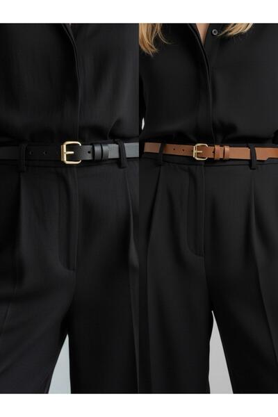 Gesa Women's Gold Buckle Thin 2-Piece Set Belt Black-Tan