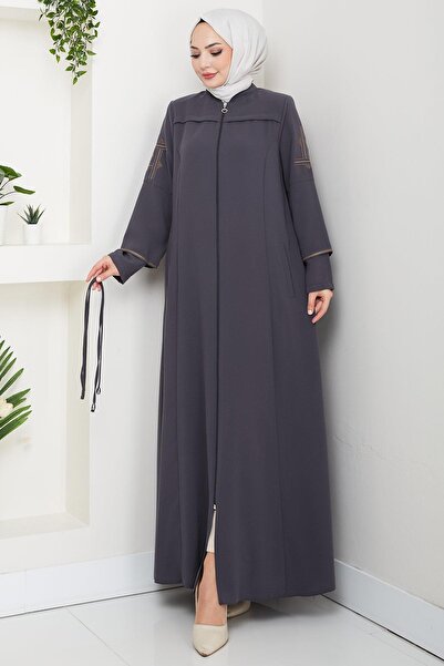 hafsamina Lace-Up Sleeve Embroidered Ferace Smoked Hm2854