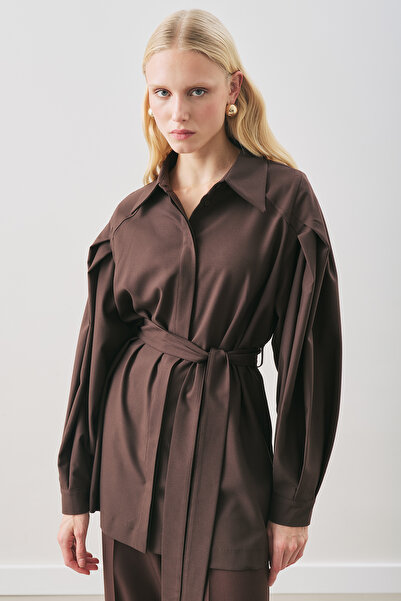 Manuka Wide Sleeve Belted Shirt Brown