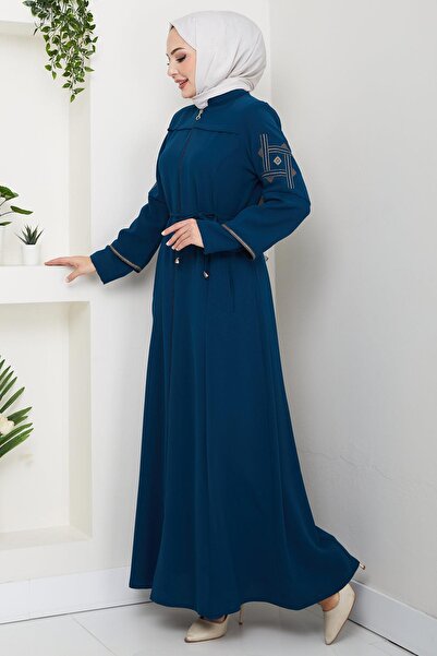 hafsamina Lace-Up Sleeve Embroidered Ferace Petrol Hm2854