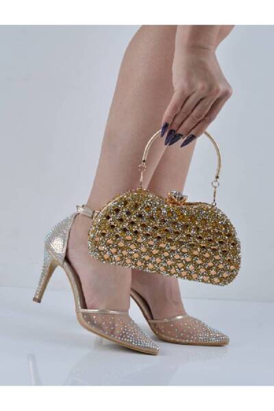 Şanslı Ayakkabıcılık Gold Tulle Detailed Strappy Thin Heeled Evening Dress Sh...