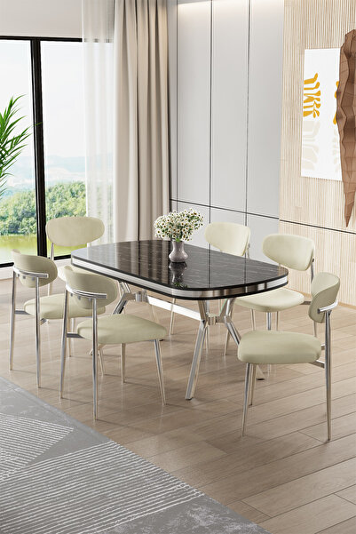 Canisa Olya Serisi 90x168 Lak Panel Sonata Masa Takımı Krom Ayaklı 6 Krem San...