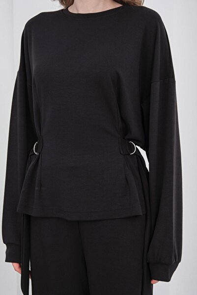 Basicpark Black Women's Soft Textured Premium Modal Turtleneck Asymmetrical Cut Bottom-Top Set