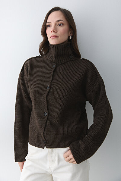 Laluvia Acı Kahve Mock Neck Cardigan with Epaulettes - 2028