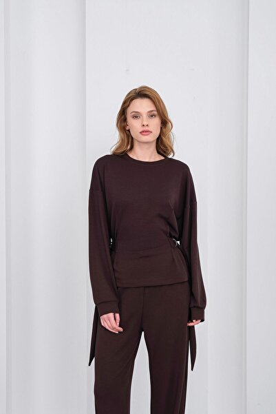 Basicpark Coffee Women's Soft Textured Premium Modal Turtleneck Asymmetric Cut Bottom-Top Set