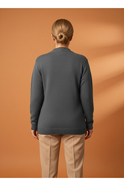 Ravencia Women's Buttoned Mother Dark Gray Knitwear Cardigan