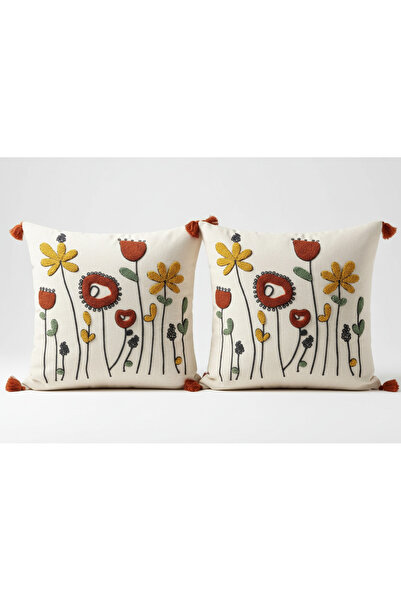 Destiva Home Buldan İşi Flower Punch Embroidery Patterned Red Tasseled 2 Piece Throw Pillow Cover (42X 42 cm)