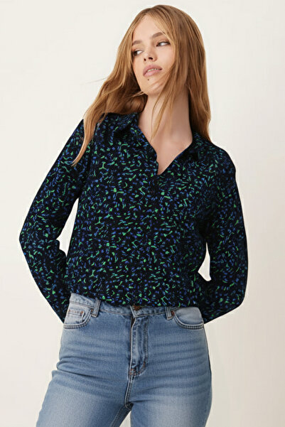 armonika Women's Green-Blue Patterned Long Sleeve Hijab Shirt Arm-26K001070