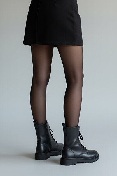 Adım Dünyası Cizme de damă din shearling negre – Talpă cu zăbrele Căptușeală caldă Cizme de iarnă Talpă interioară din piele Talpă confortabilă