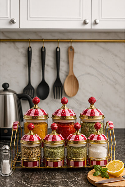 NEWNOW Royalcandy Red Striped Gold Detailed 7-Piece Glass Spice Jar Set – Luxury Spice Jar Set with Stand