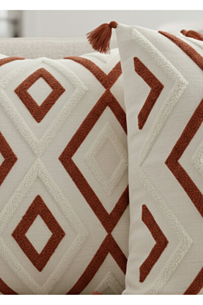 Destiva Home Buldan İşi Ethnic Geometric Patterned Tasseled Punch 2 Piece Throw Pillow Cover (42X42Cm)