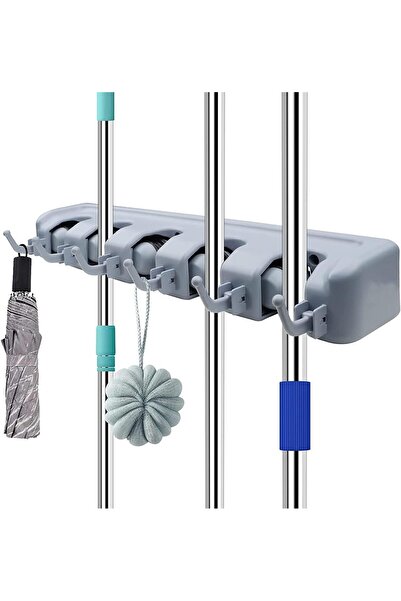 SKY TOUCH SKY-TOUCH Mop and Broom Holder Wall-Mounted Organizer, 5 Slots with 6 Hooks