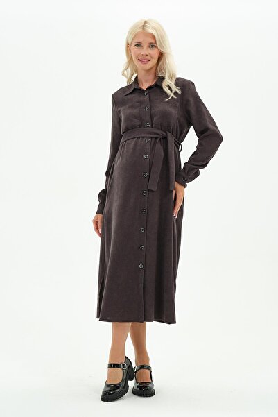 BUSA Maternity Front Button Midi Length Velvet Dress Smoked