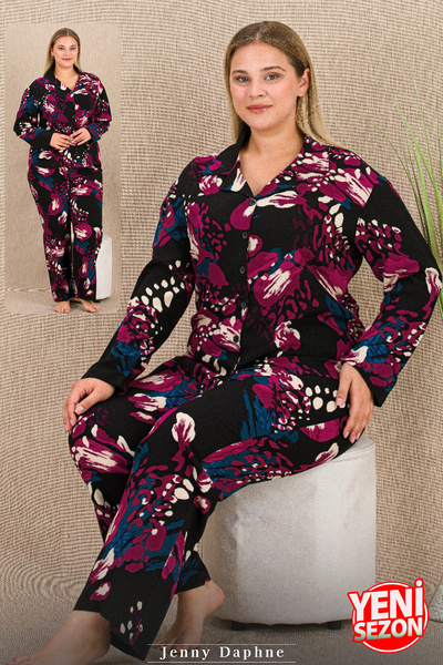 Jenny Daphne Warm Non-Sweaty Belmando Viscose Fabric Buttoned Top Plus Size Pajama Set