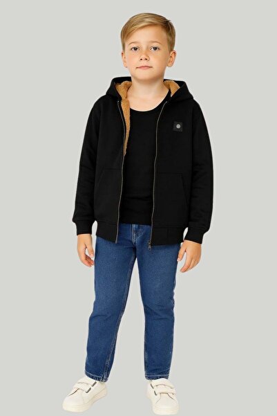 wakawakakidsstore K Hooded Zippered Boy's Sweatshirt with Fur Inside