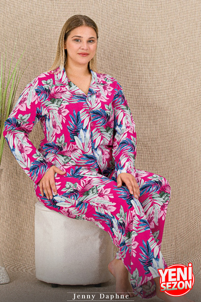 Jenny Daphne Warm Non-Sweaty Belmando Viscose Fabric Buttoned Top Plus Size Pajama Set
