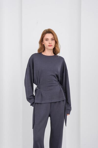 Basicpark Smoked Women's Soft Textured Premium Modal Turtleneck Asymmetric Cut Bottom-Top Set