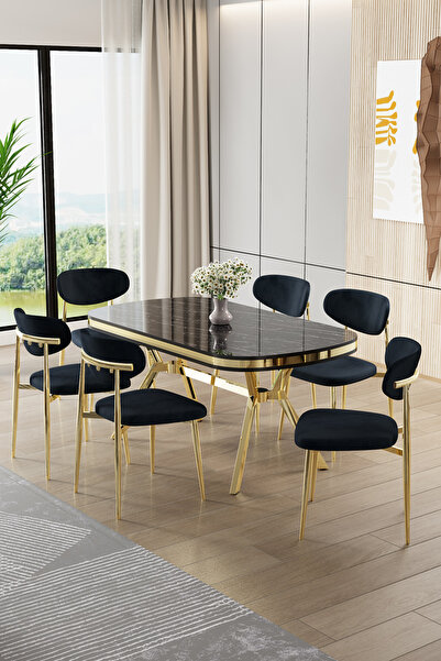 Canisa Olya Serisi 90x168 Lak Panel Sonata Masa Takımı Gold Ayaklı 6 Antrasit...